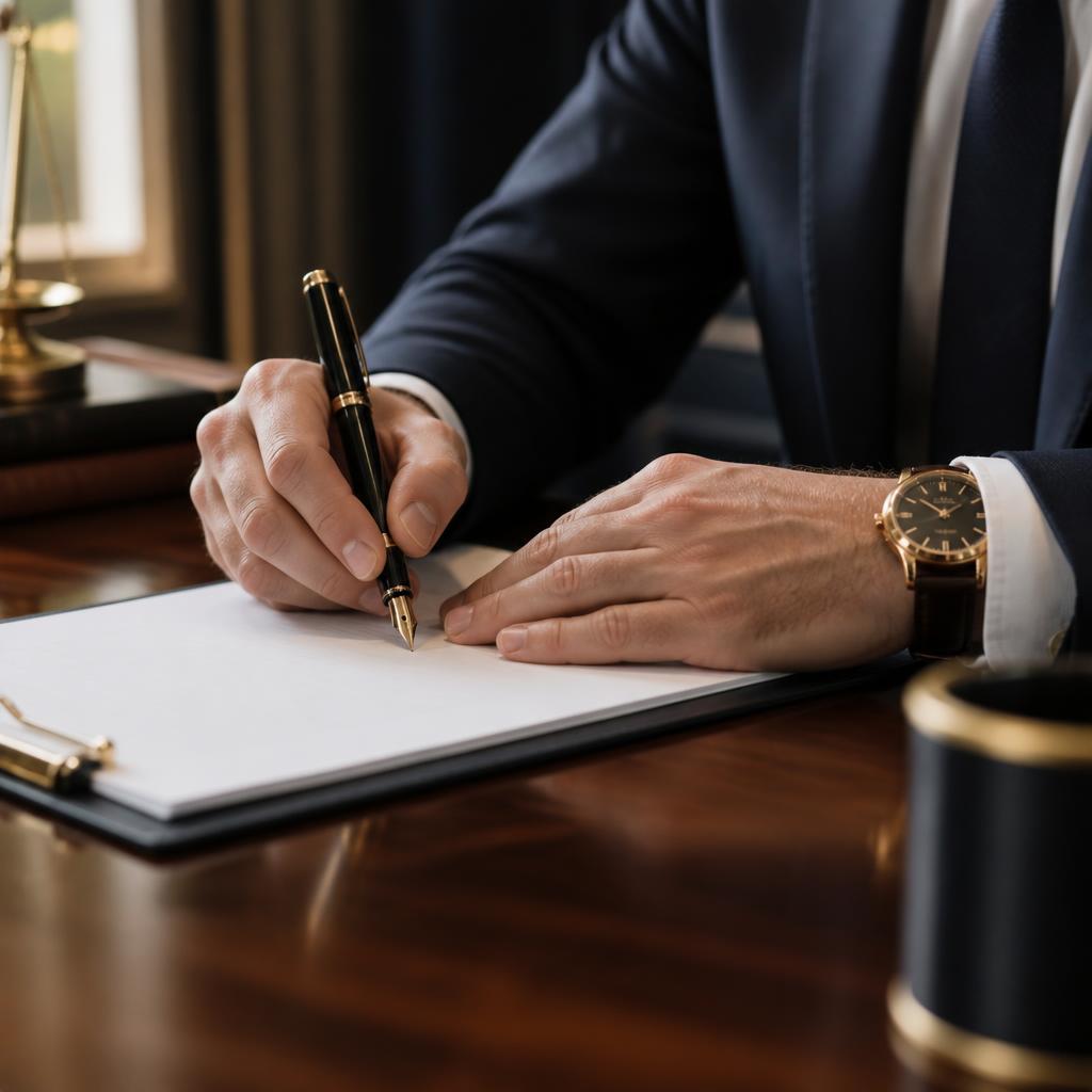 Professional hands signing paperwork with a fountain pen
