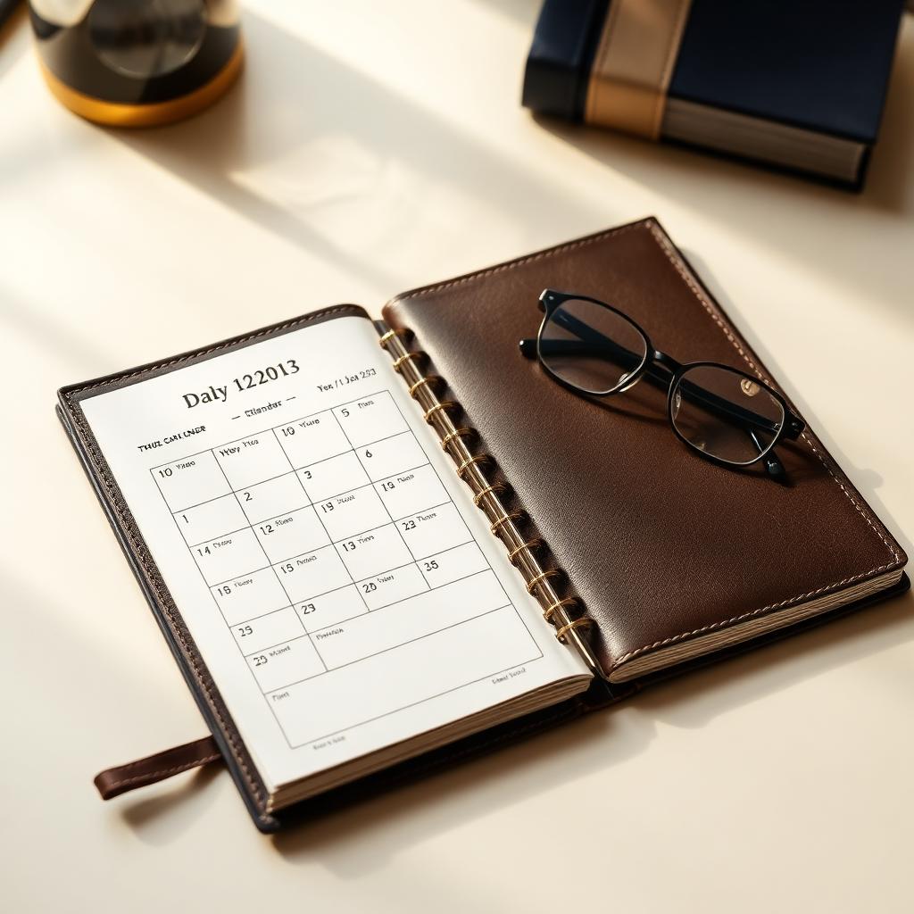 Open leather day planner with reading glasses on a desk