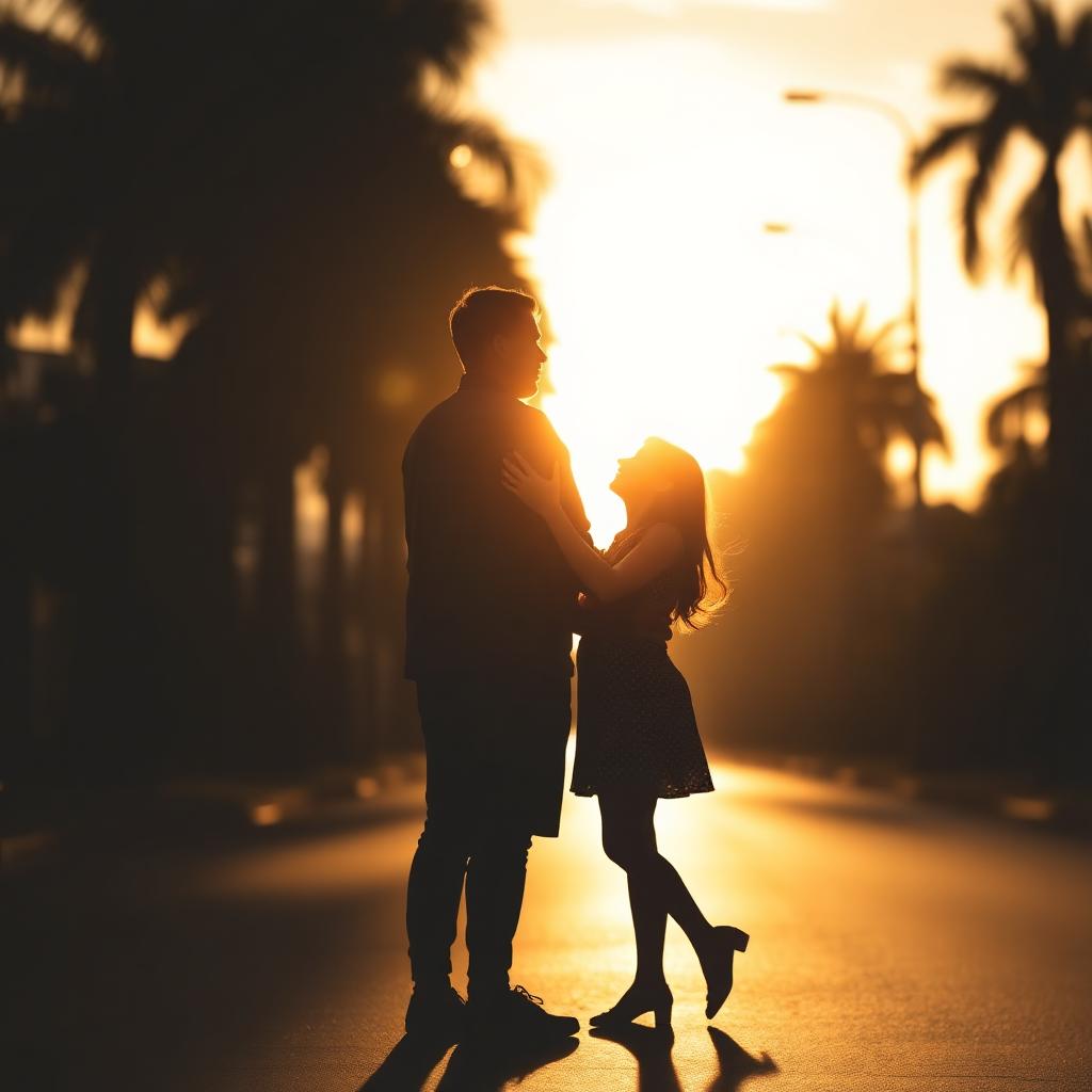 Family silhouette embracing at sunrise on a peaceful street
