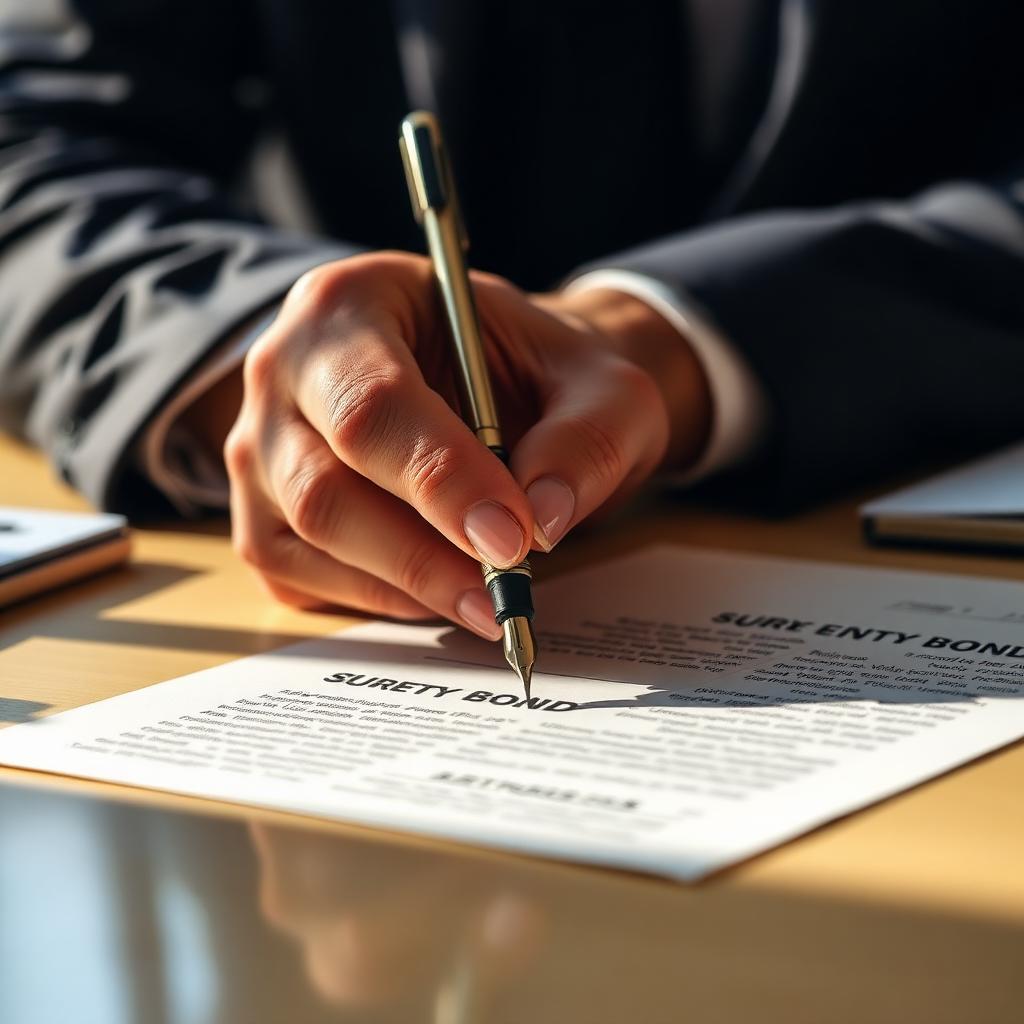 Hand signing a surety bond document with a fountain pen